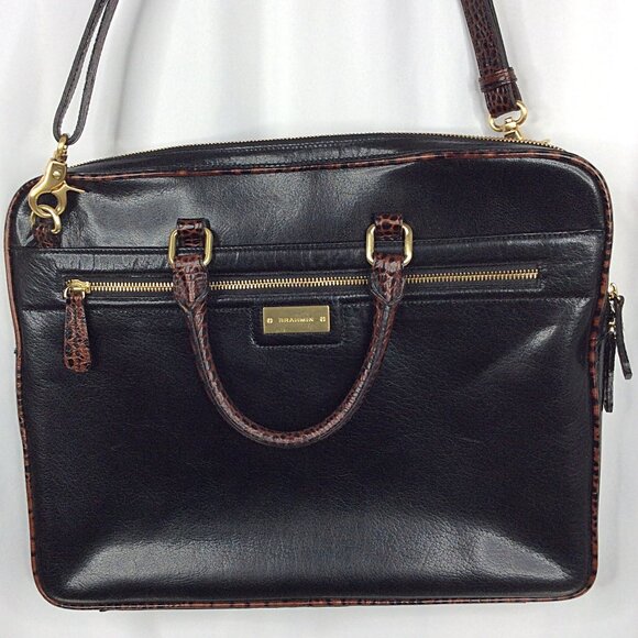 BRAHMIN Black Mixed Leather Croc Business Tote Laptop Briefcase Anywhere Bag - Picture 1 of 16